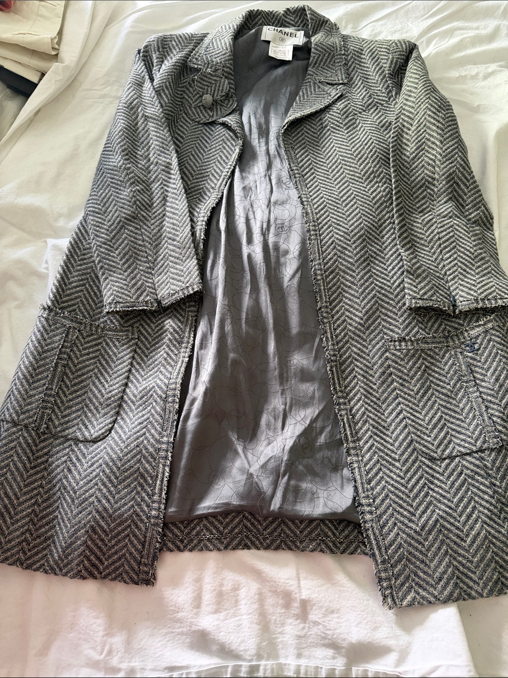 CHANEL Gray Herringbone Tweed Trench Coat